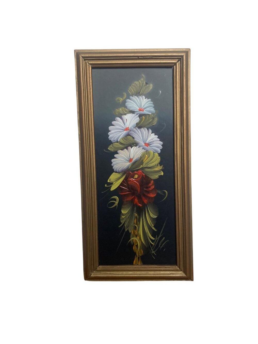 Vintage Floral Acrylic Painting On Black Background Gold Frame 6x13 Unsigned